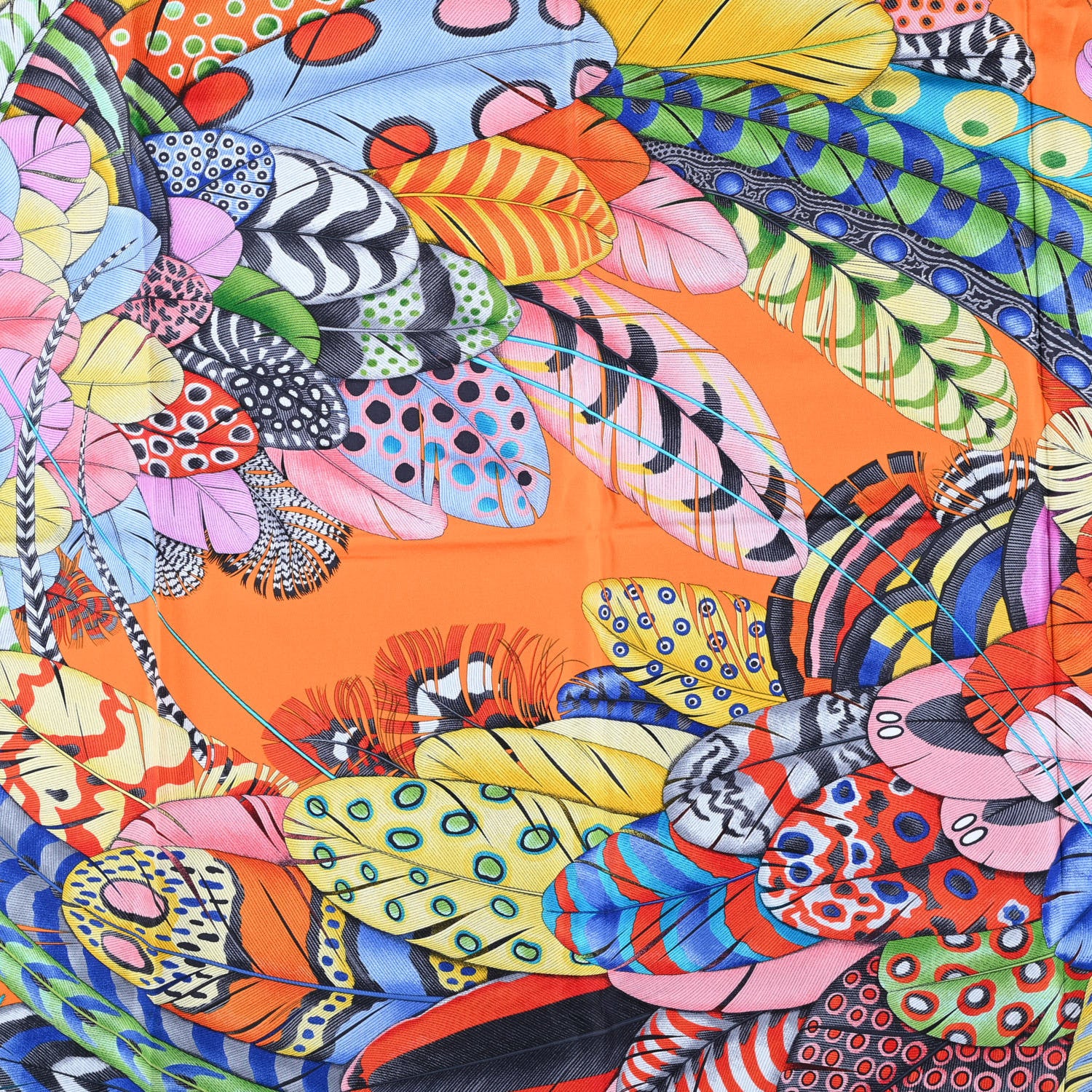 Hermes Silk Plumes En Fete Scarf 90 Orange Bleu Rose 2 of 6