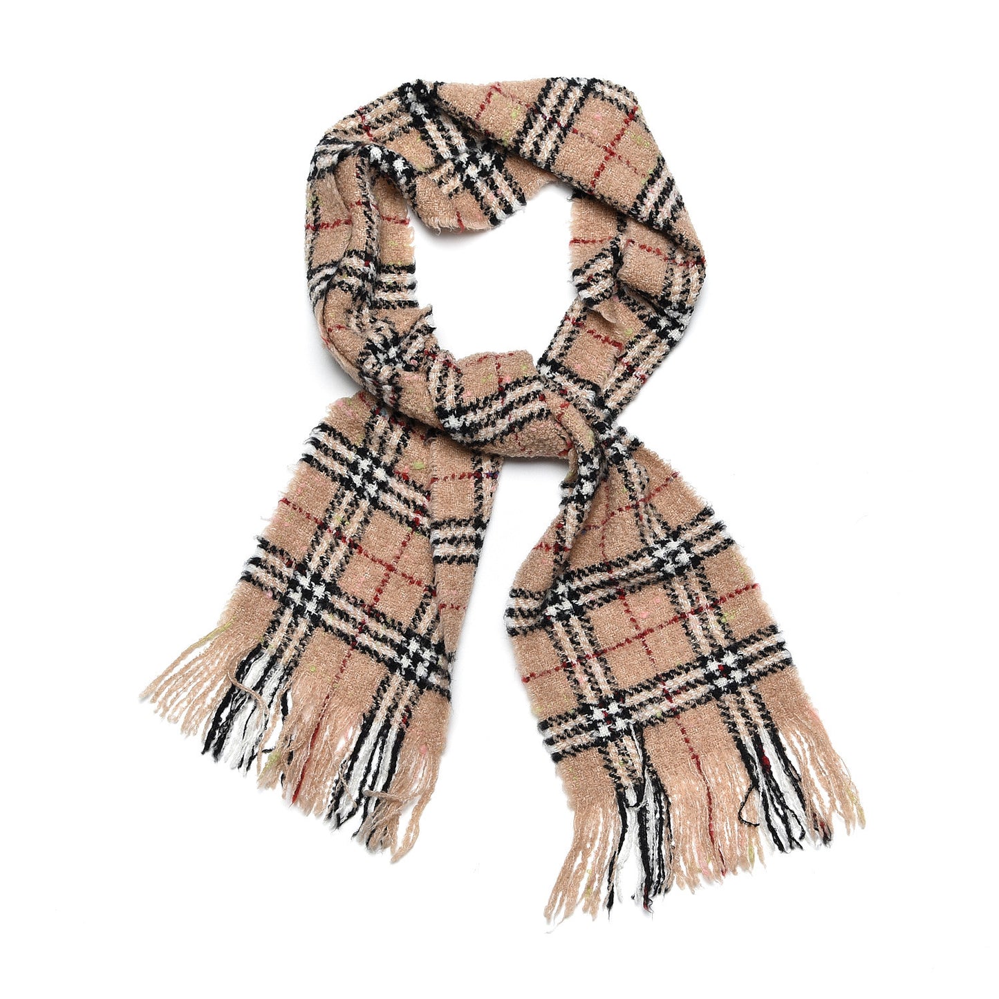 Merino Wool Polyester Vintage Check Scarf Camel