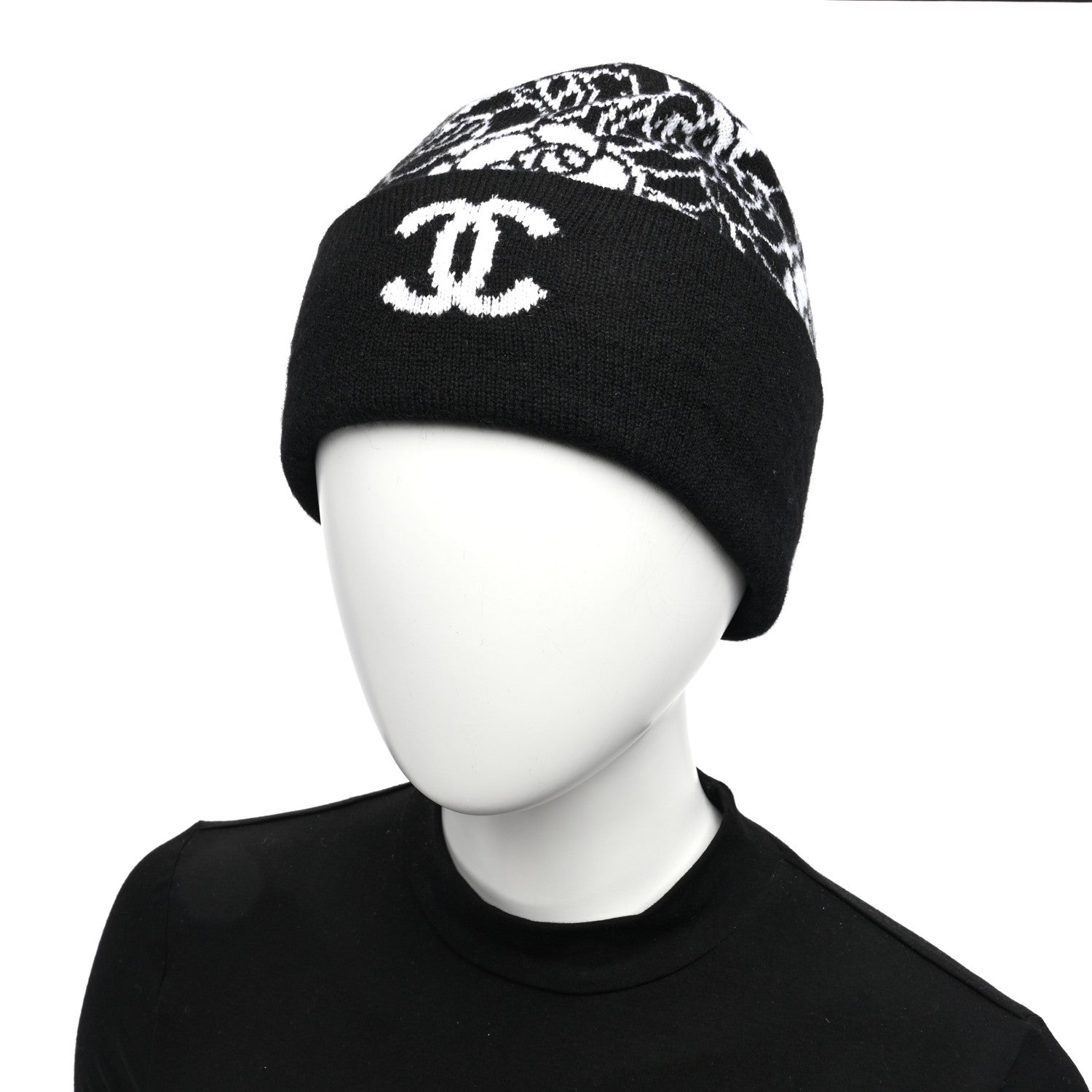 Chanel Cashmere CC Camellia Beanie Hat Black White 2 of 5