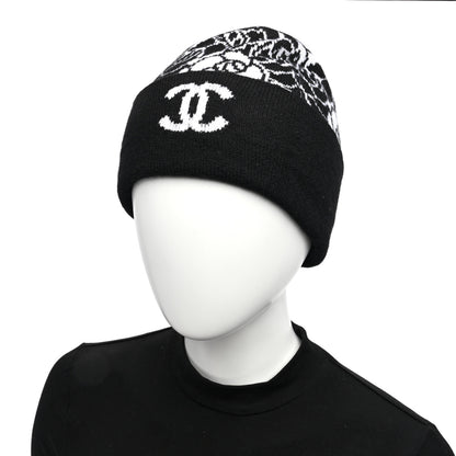 Chanel Cashmere CC Camellia Beanie Hat Black White 2 of 5