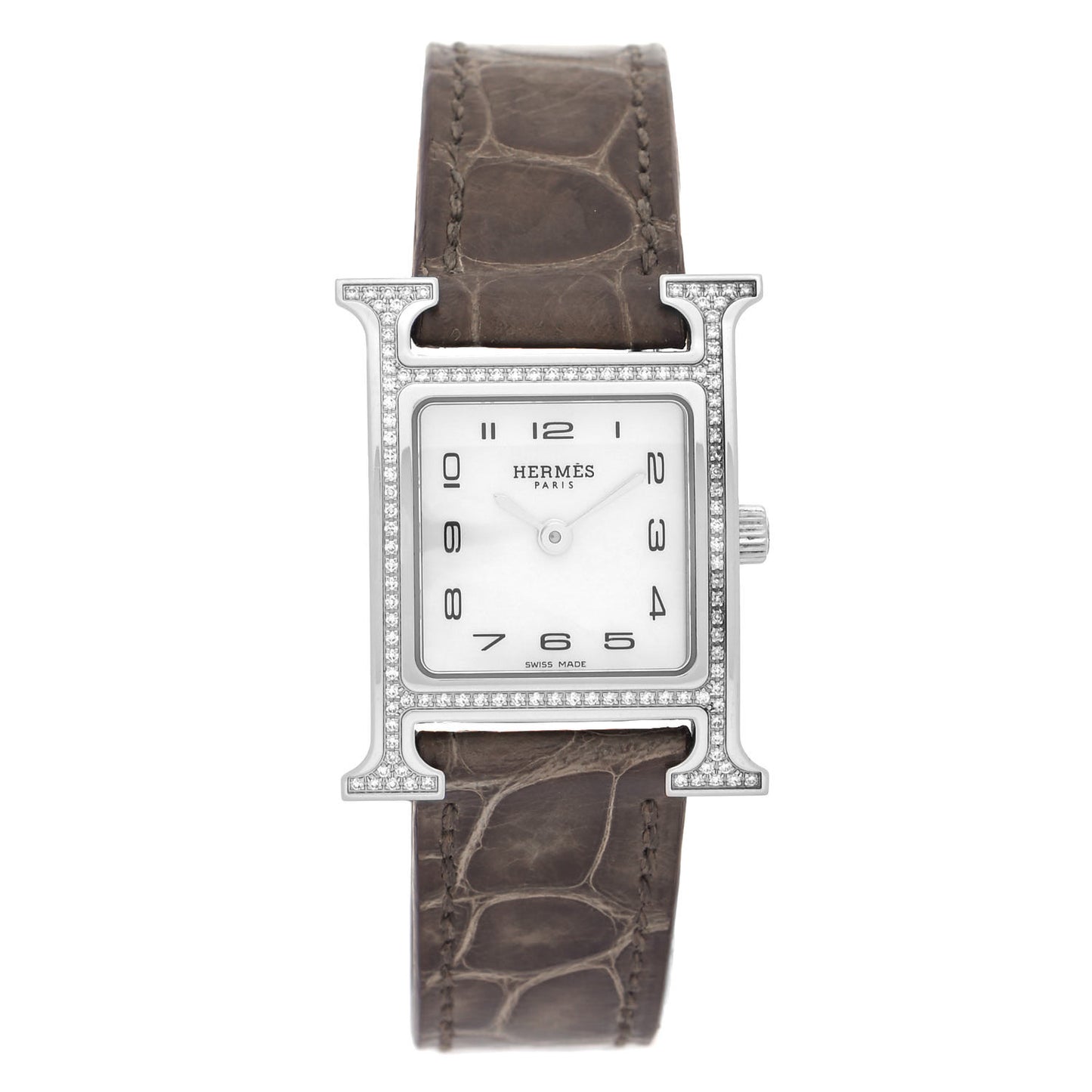 Stainless Steel Alligator Diamond Bezel Mother of Pearl 21mm Heure H Hour Quartz Watch Gris Elephant