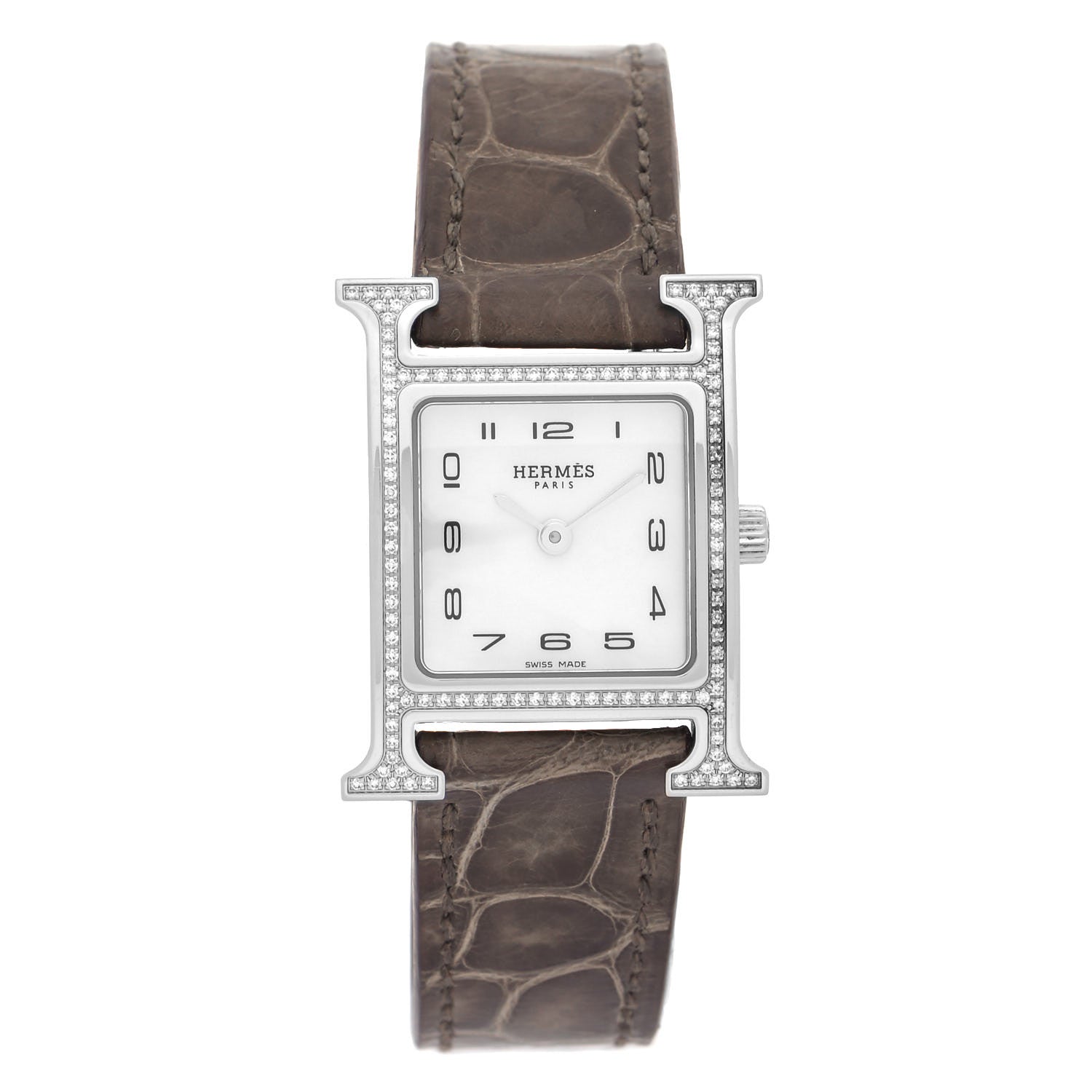 Hermes Stainless Steel Alligator Diamond Bezel Mother of Pearl 21mm Heure H Hour Quartz Watch Gris Elephant 1 of 5