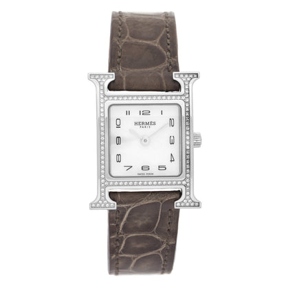 Hermes Stainless Steel Alligator Diamond Bezel Mother of Pearl 21mm Heure H Hour Quartz Watch Gris Elephant 1 of 5