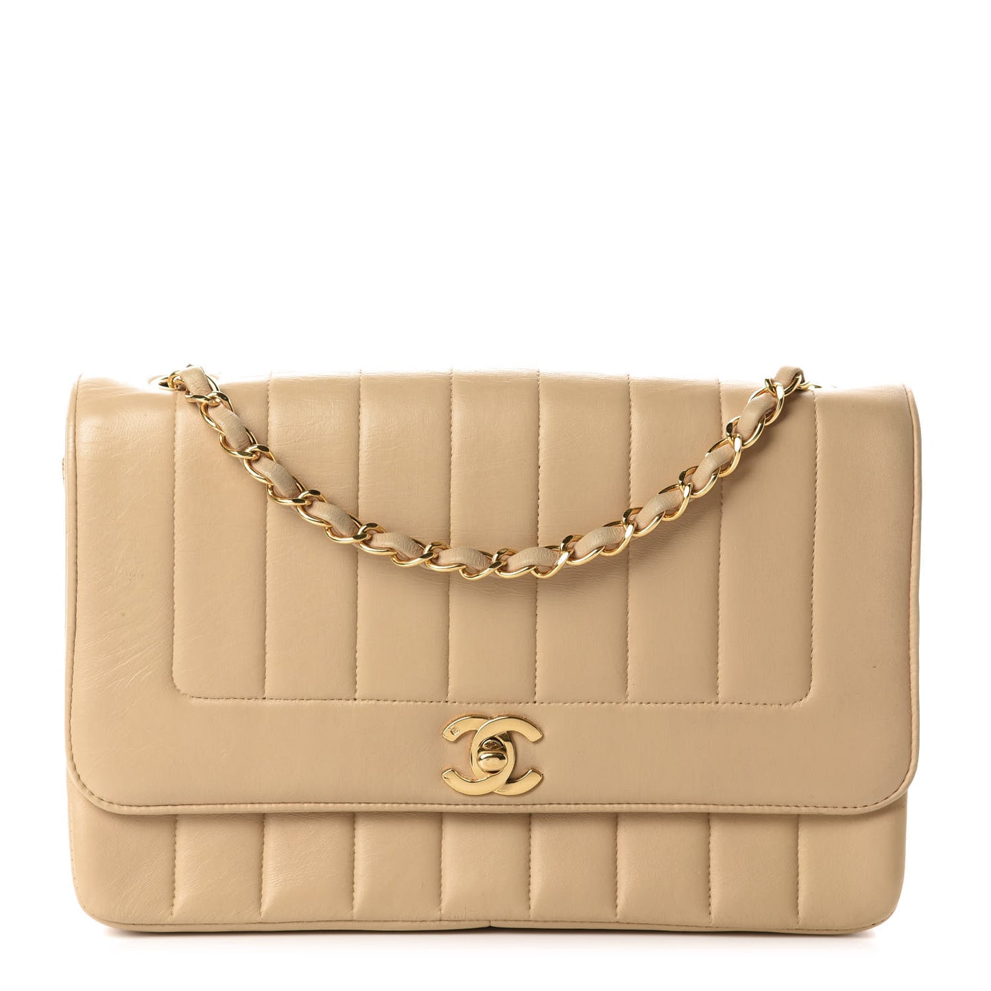 Lambskin Vertical Quilt Medium Flap Beige