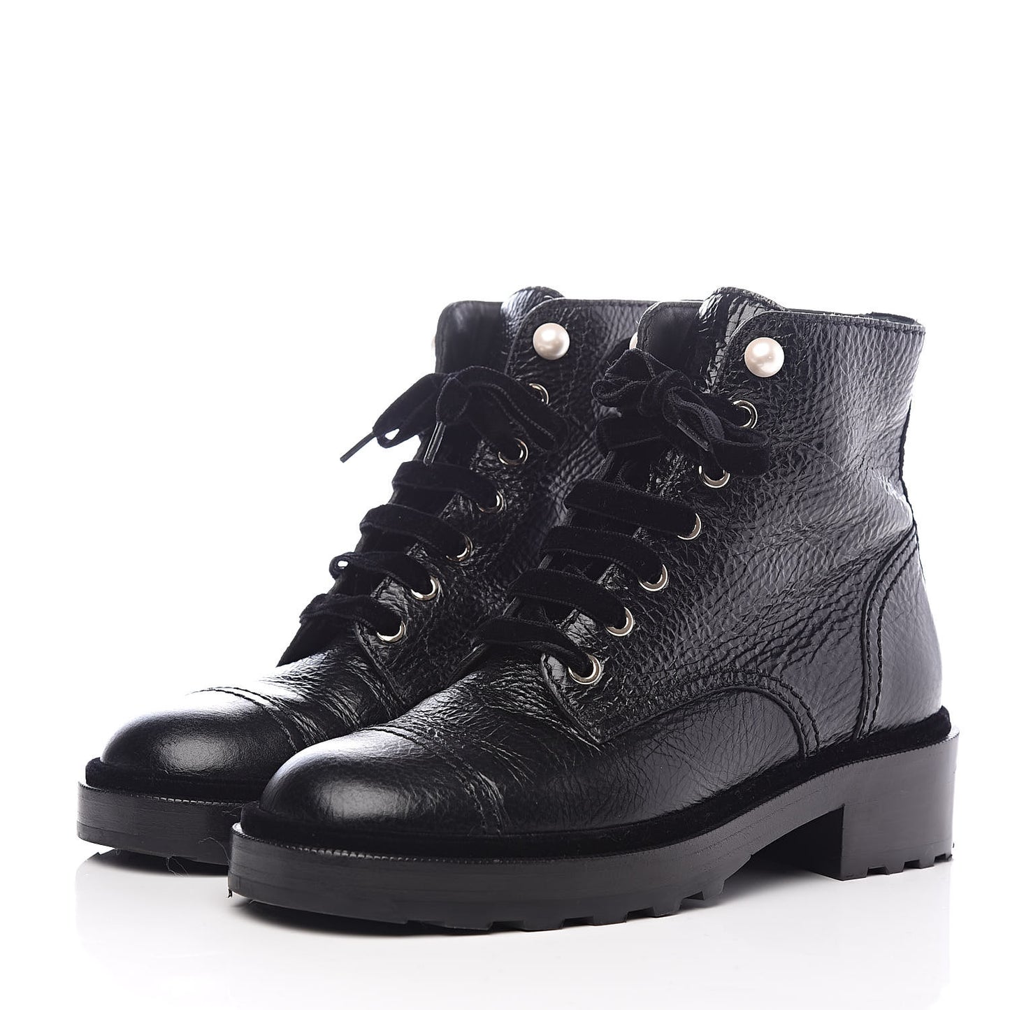 Calfskin Velvet Pearl Combat Short Boots 38 Black