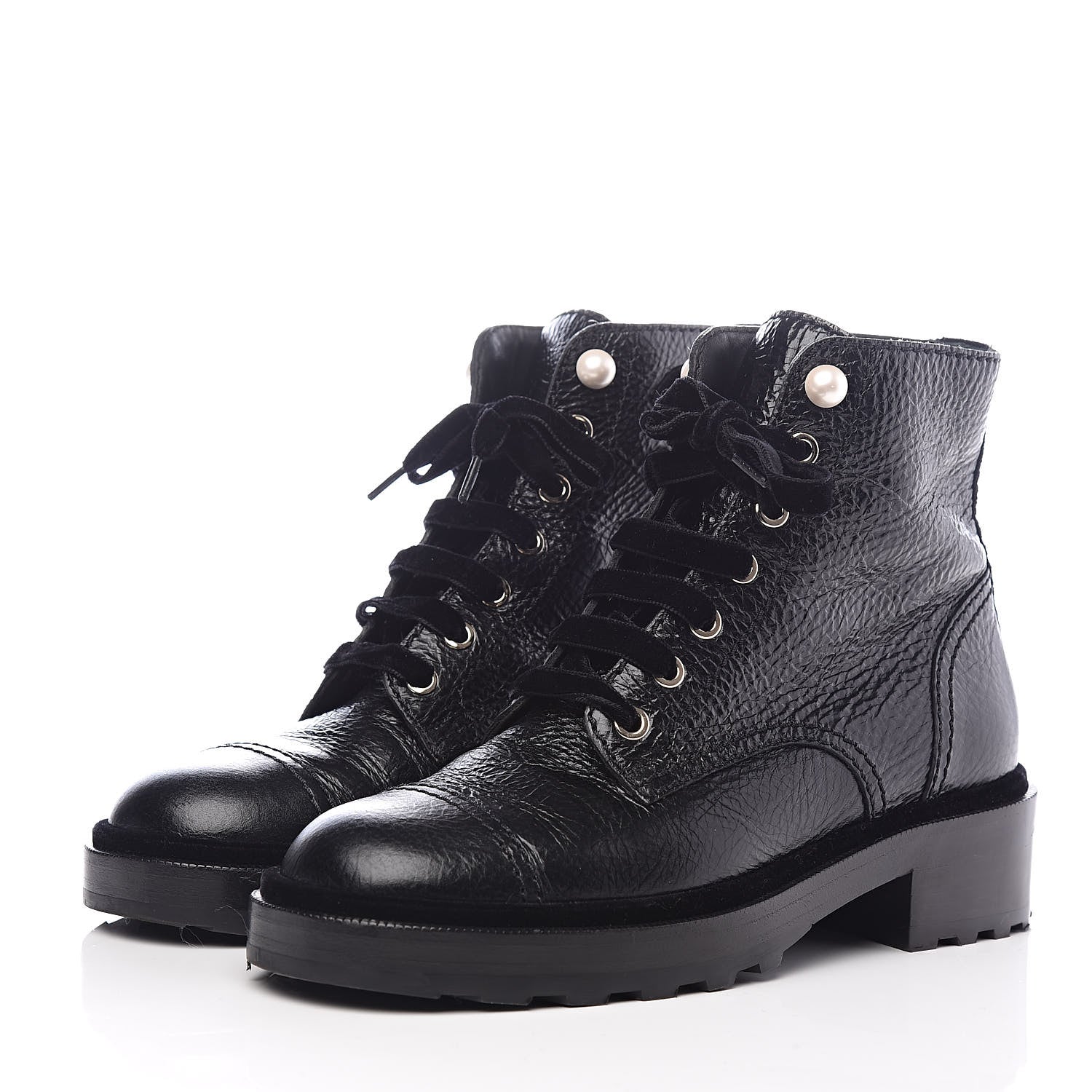 Chanel Calfskin Velvet Pearl Combat Short Boots 38 Black 3 of 8