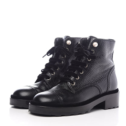 Chanel Calfskin Velvet Pearl Combat Short Boots 38 Black 3 of 8