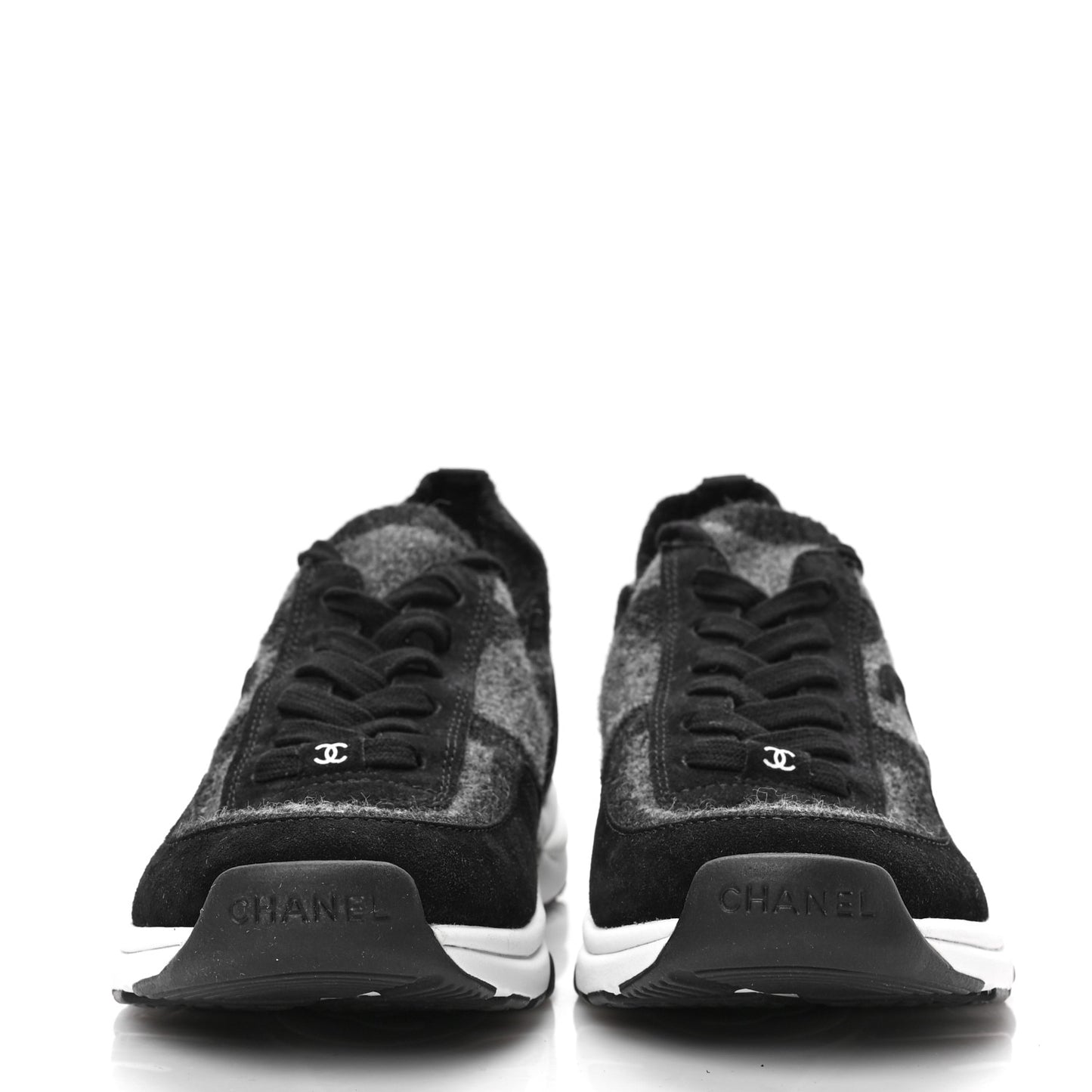 Knit Fabric Suede Calfskin Womens CC Sneakers 39.5 Grey Black