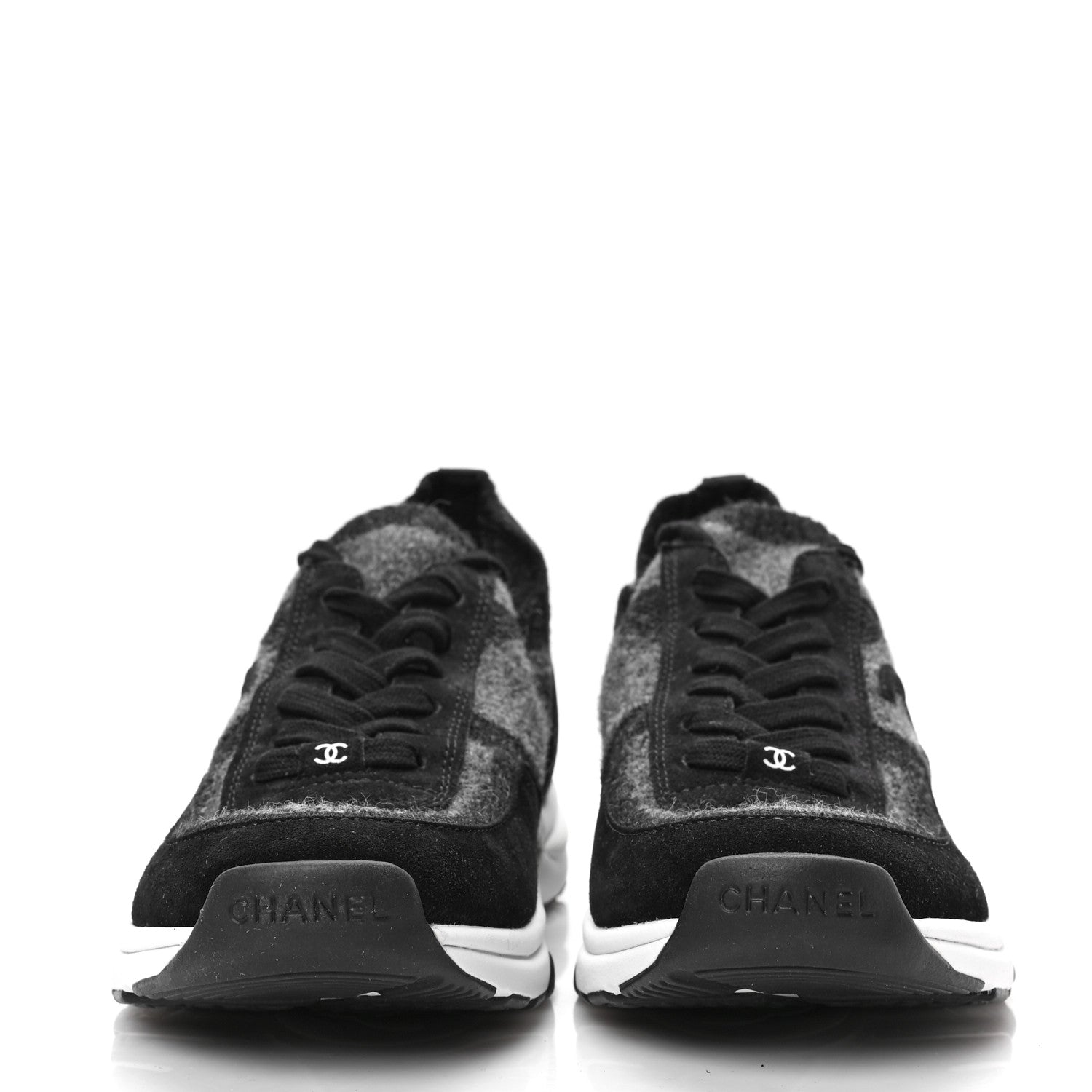 Chanel Knit Fabric Suede Calfskin Womens CC Sneakers 39.5 Grey Black 2 of 7