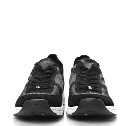 Chanel Knit Fabric Suede Calfskin Womens CC Sneakers 39.5 Grey Black 2 of 7