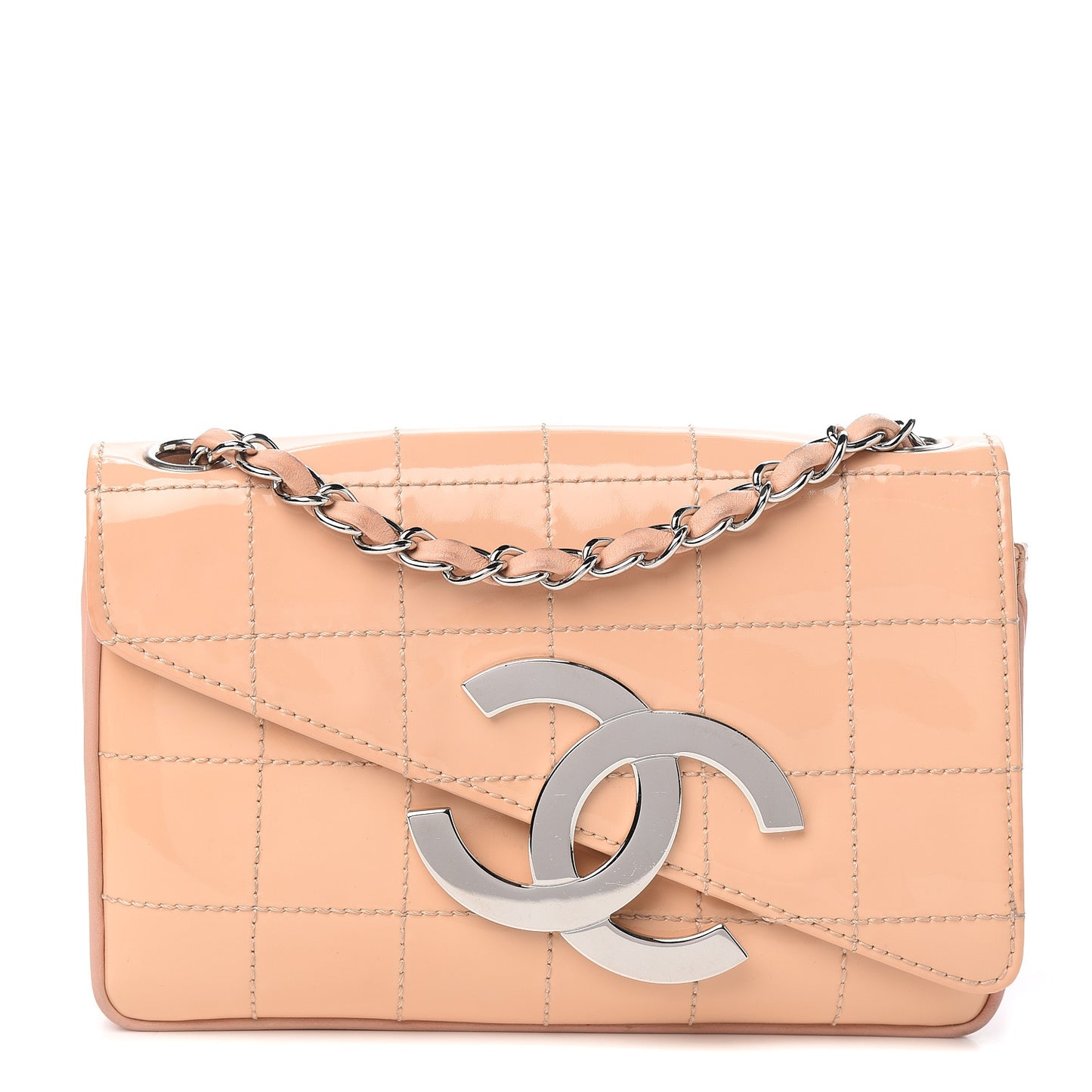 Patent Square Stitched CC Flap Clutch Beige