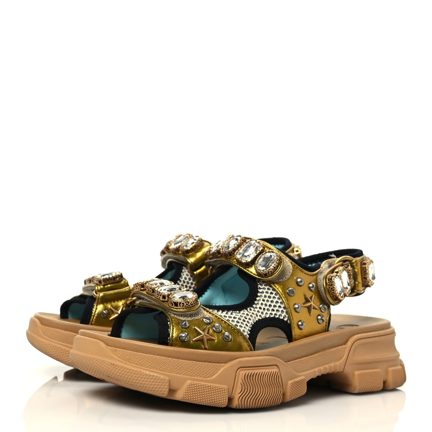 Silk Calfskin Mesh Crystal Embellished Studded Womens Aguru Sandals 36 Gold