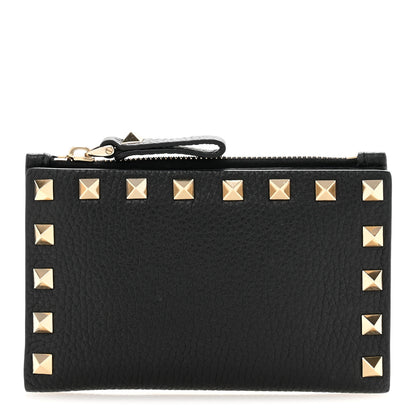 Valentino Garavani Pebbled Calfskin Rockstud Coin Case Card Holder Black 1 of 9