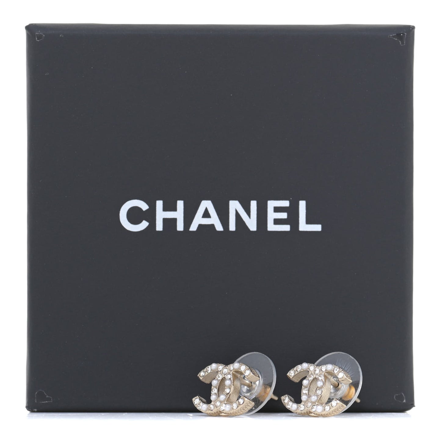Pearl Crystal CC Charms Stud Earrings Light Gold