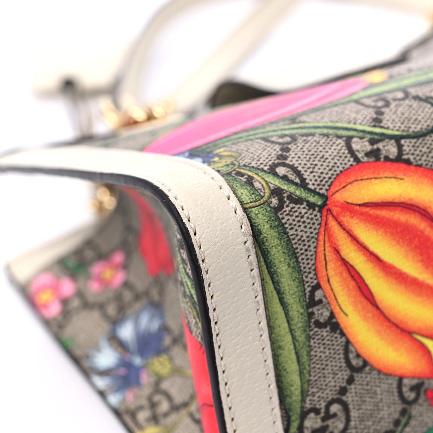 GG Supreme Monogram Flora Textured Calfskin Small Padlock Tote Beige Ebony Multicolor Mystic White