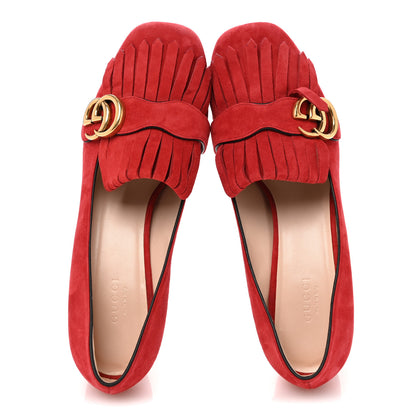 Gucci Kid Scamosciato GG Marmont Fringe 50mm Loafer Pumps 39 Vulcanic Red 2 of 10