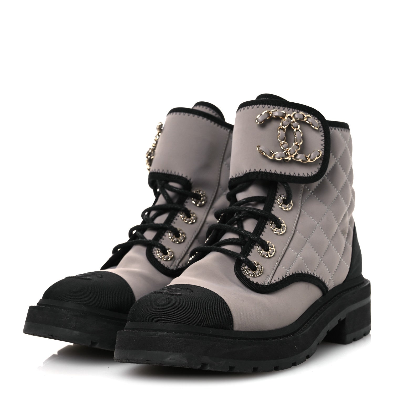 Chanel Fabric Grosgrain Quilted Cap Toe Lace Up Combat Boots 36.5 Gray 4 of 12