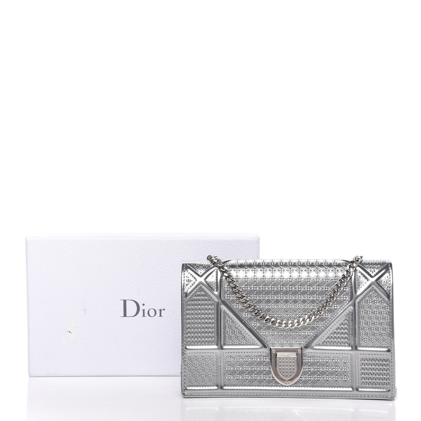 Metallic Patent Micro-Cannage Diorama Wallet on Chain Pouch Silver