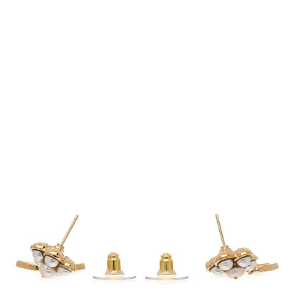 Chanel Pearl Crystal CC Flower Drop Earrings Gold White 3 of 5