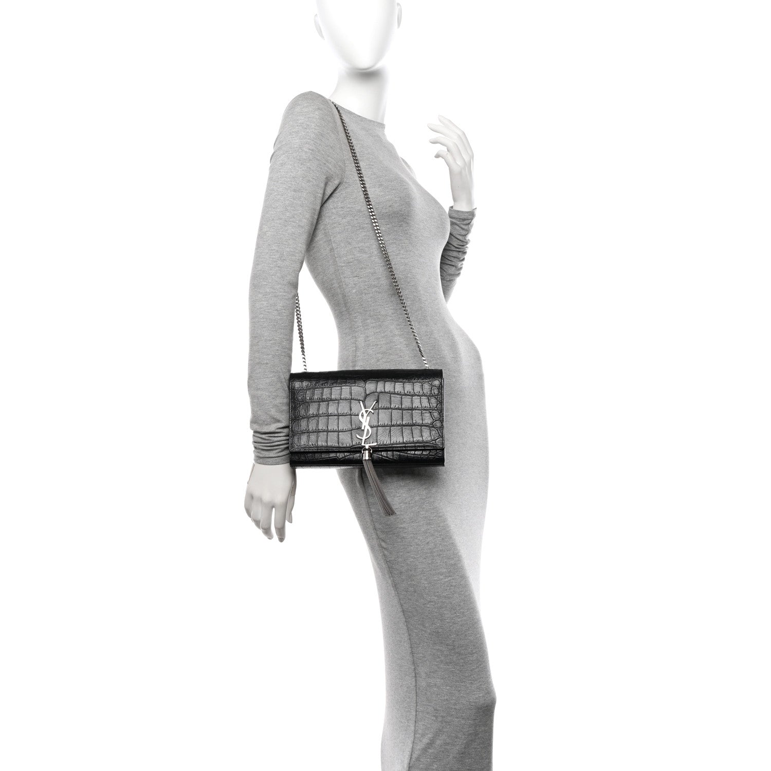 Saint Laurent Calfskin Crocodile Embossed Medium Classic Monogram Kate Tassel Satchel Black 2 of 9