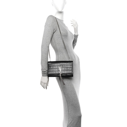 Saint Laurent Calfskin Crocodile Embossed Medium Classic Monogram Kate Tassel Satchel Black 2 of 9