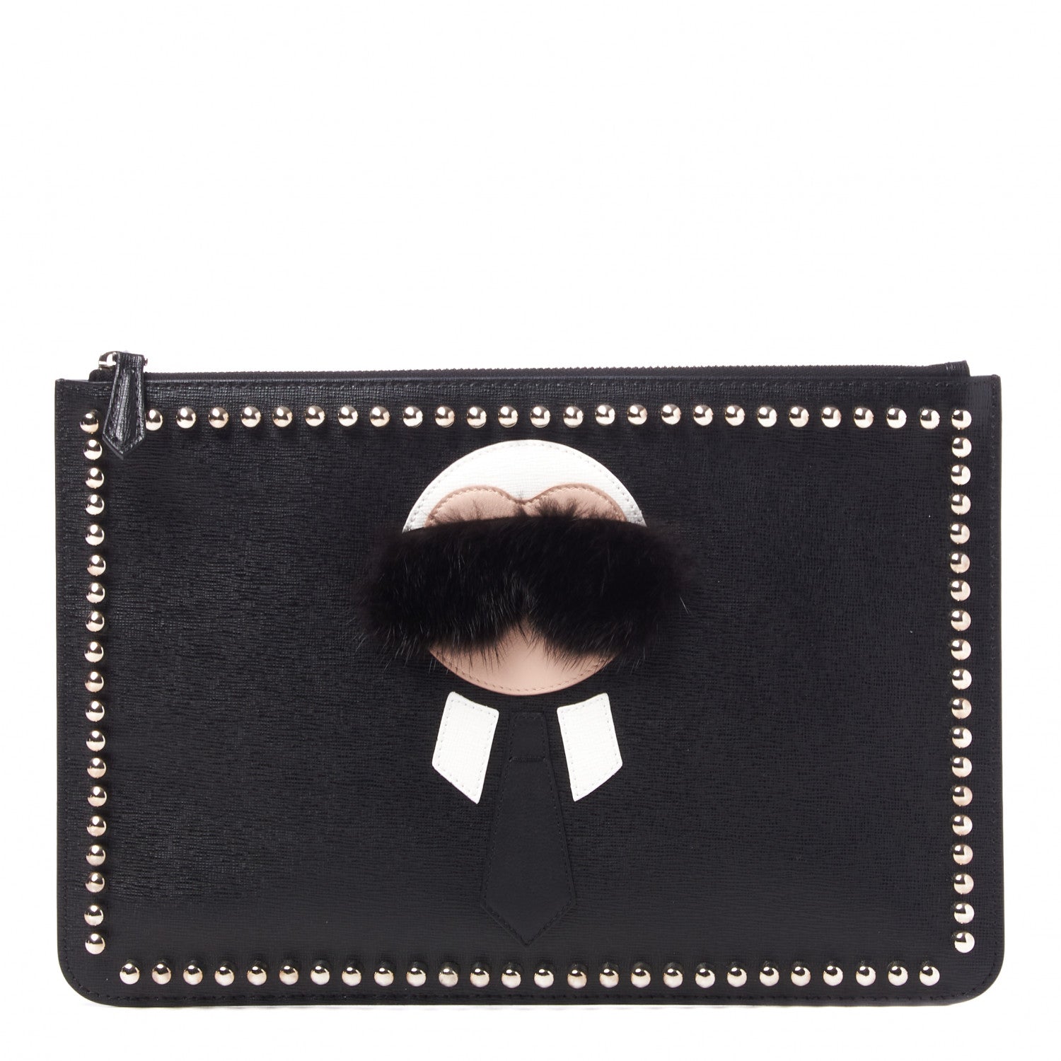 Fendi Vitello Elite Flamingo Mink Karlito Studded Pouch Black White Plaster 1 of 7