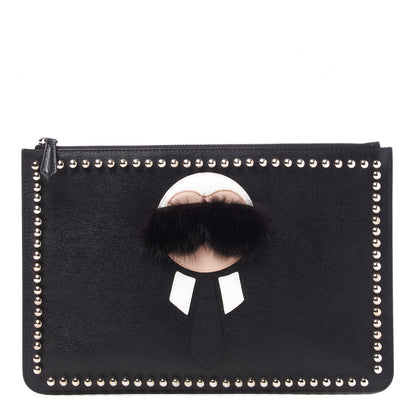 Fendi Vitello Elite Flamingo Mink Karlito Studded Pouch Black White Plaster 1 of 7