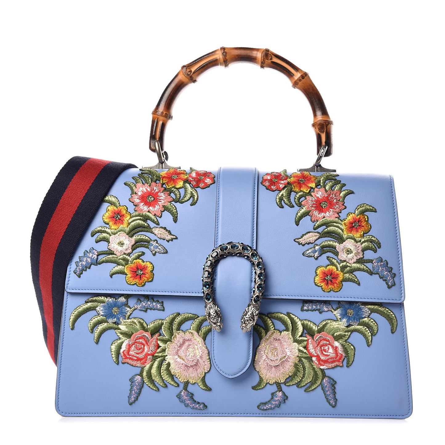 Moon Calfskin Crystal Web Embroidered Large Dionysus Bamboo Top Handle Bag Clear Sky Blue Multicolor