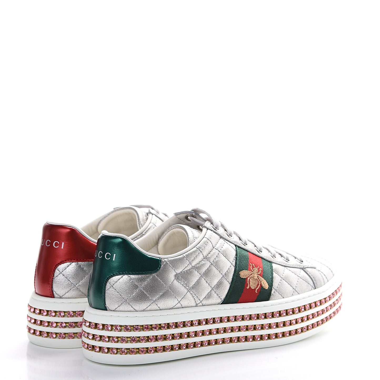 Laminated Nappa Crystal Web Bee Embroidered Trapuntata Womens Ace Platform Sneakers 36.5 Argento