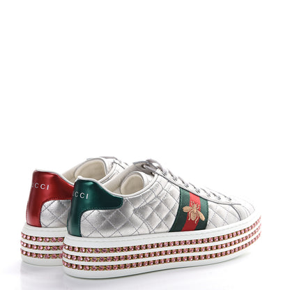 Gucci Laminated Nappa Crystal Web Bee Embroidered Trapuntata Womens Ace Platform Sneakers 36.5 Argento 4 of 8