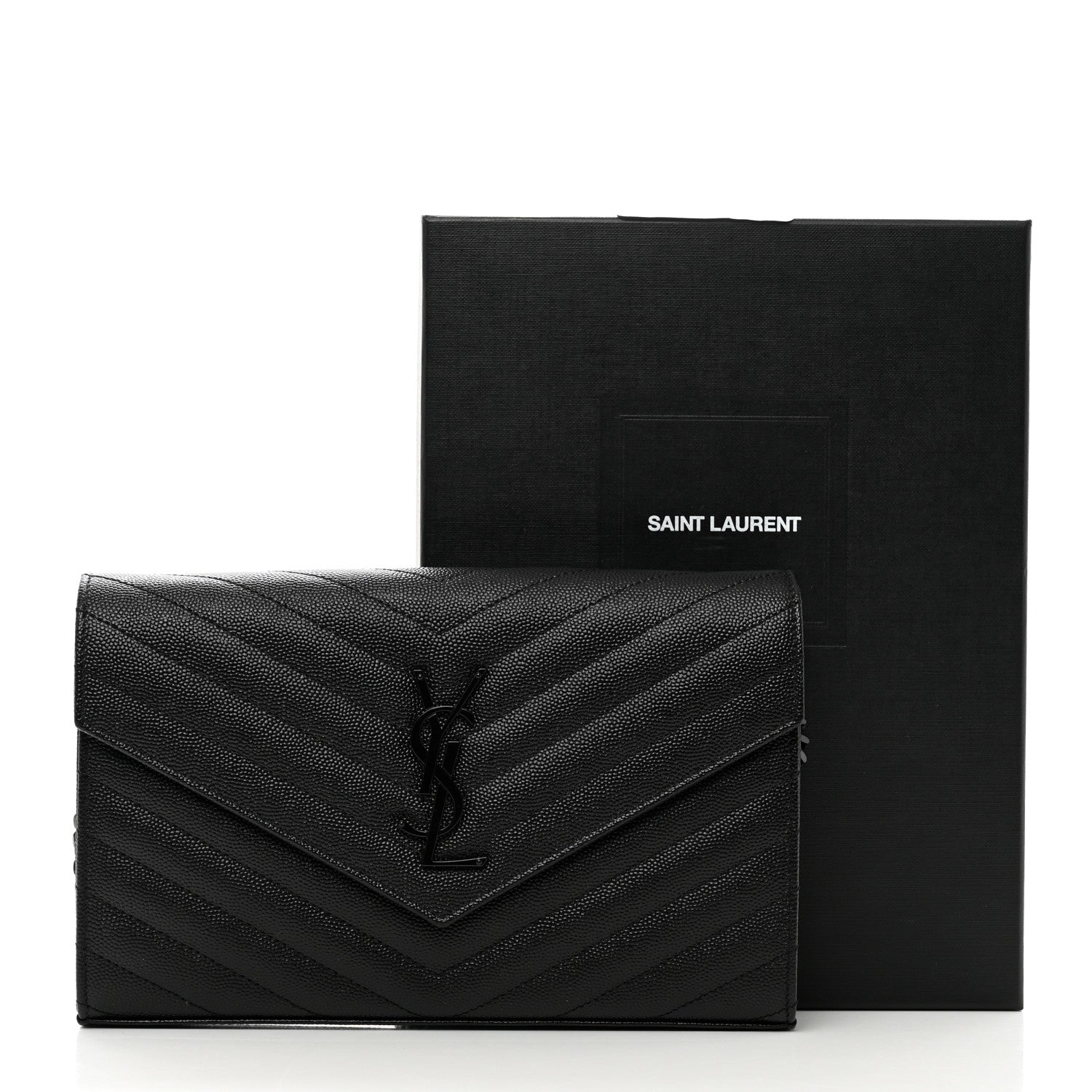 Saint Laurent Grain De Poudre Matelasse Chevron Monogram Monochrome Chain Wallet Black 10 of 10