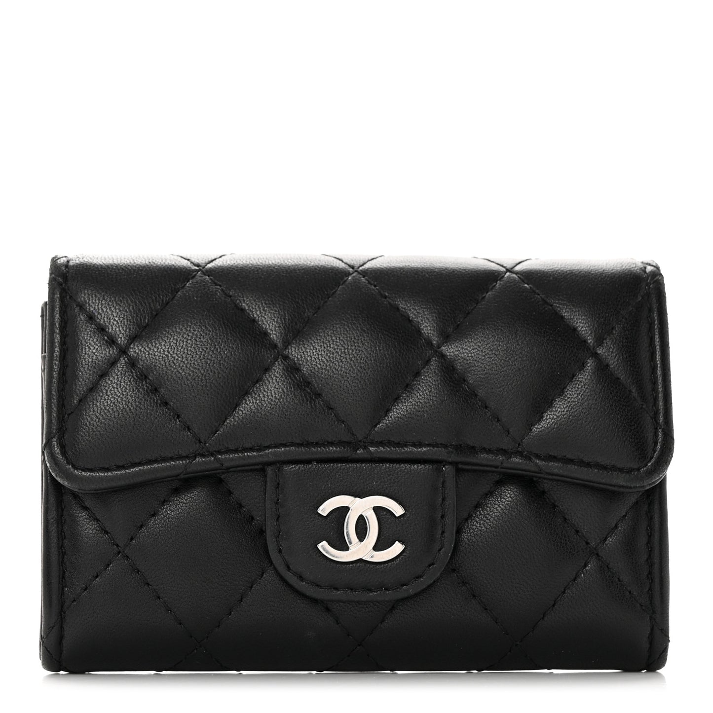 Lambskin Quilted Flap Card Holder Wallet Black
