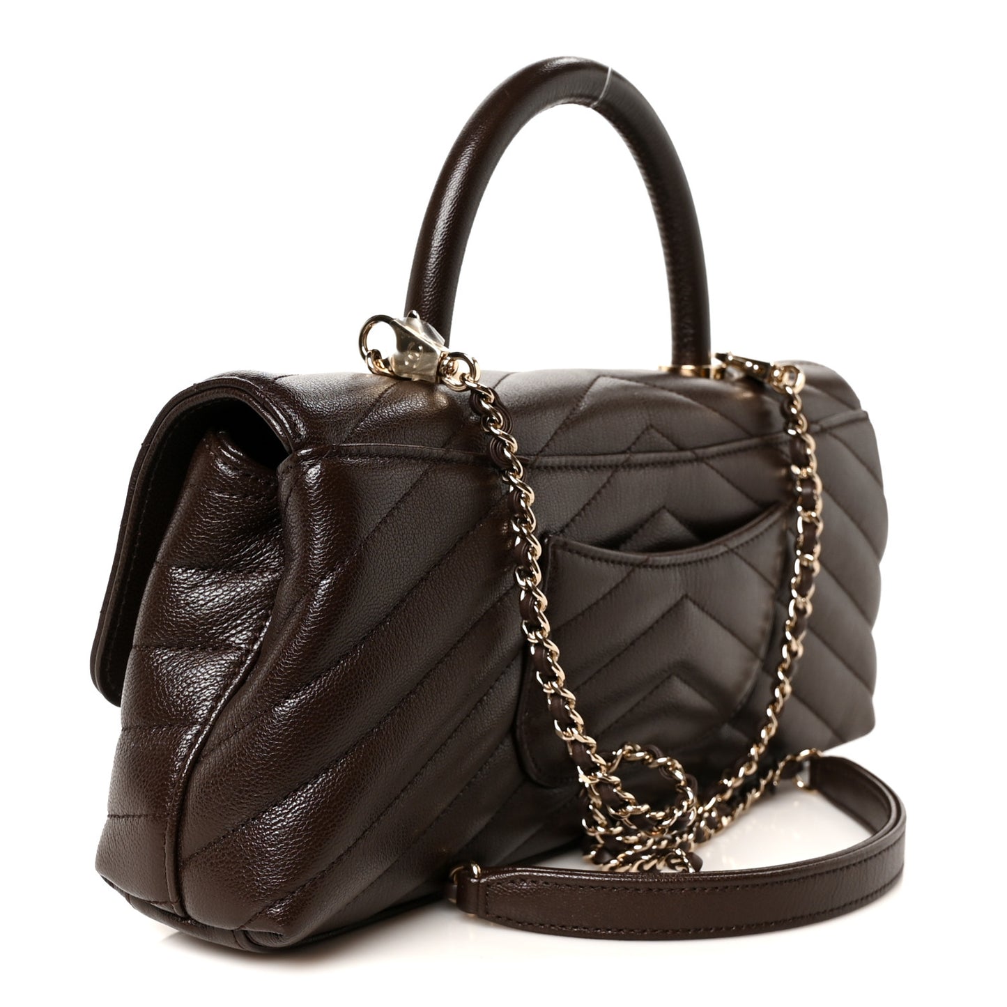 Goatskin Chevron Quilted Maxi East West Coco Handle Flap Dark Brown