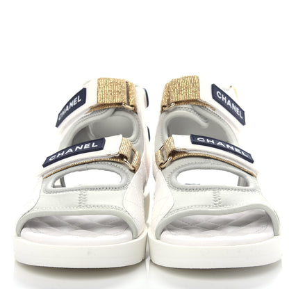 Chanel Goatskin Fabric Gladiator Sandals 37 White Light Grey Navy Blue 2 of 11