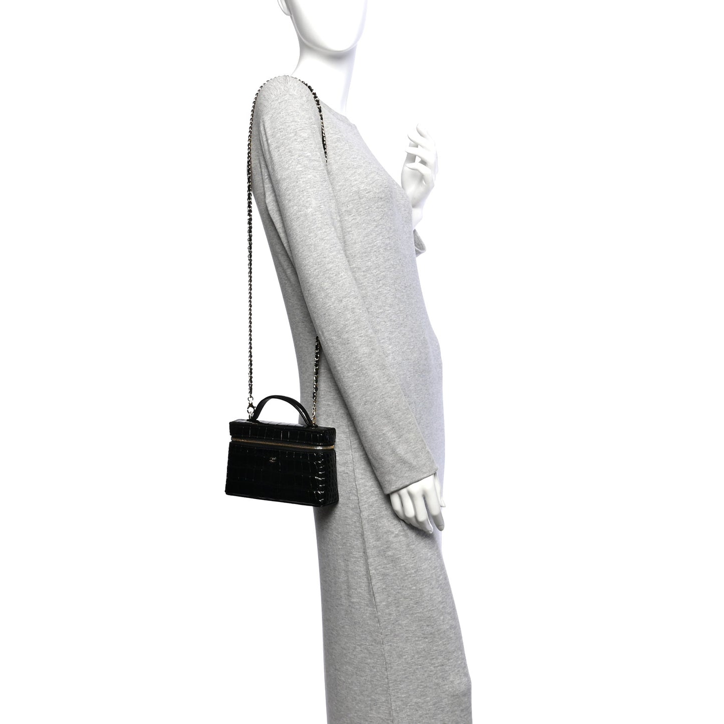 Calfskin Crocodile Embossed Crococo Top Handle Slim Vanity Case With Chain Black
