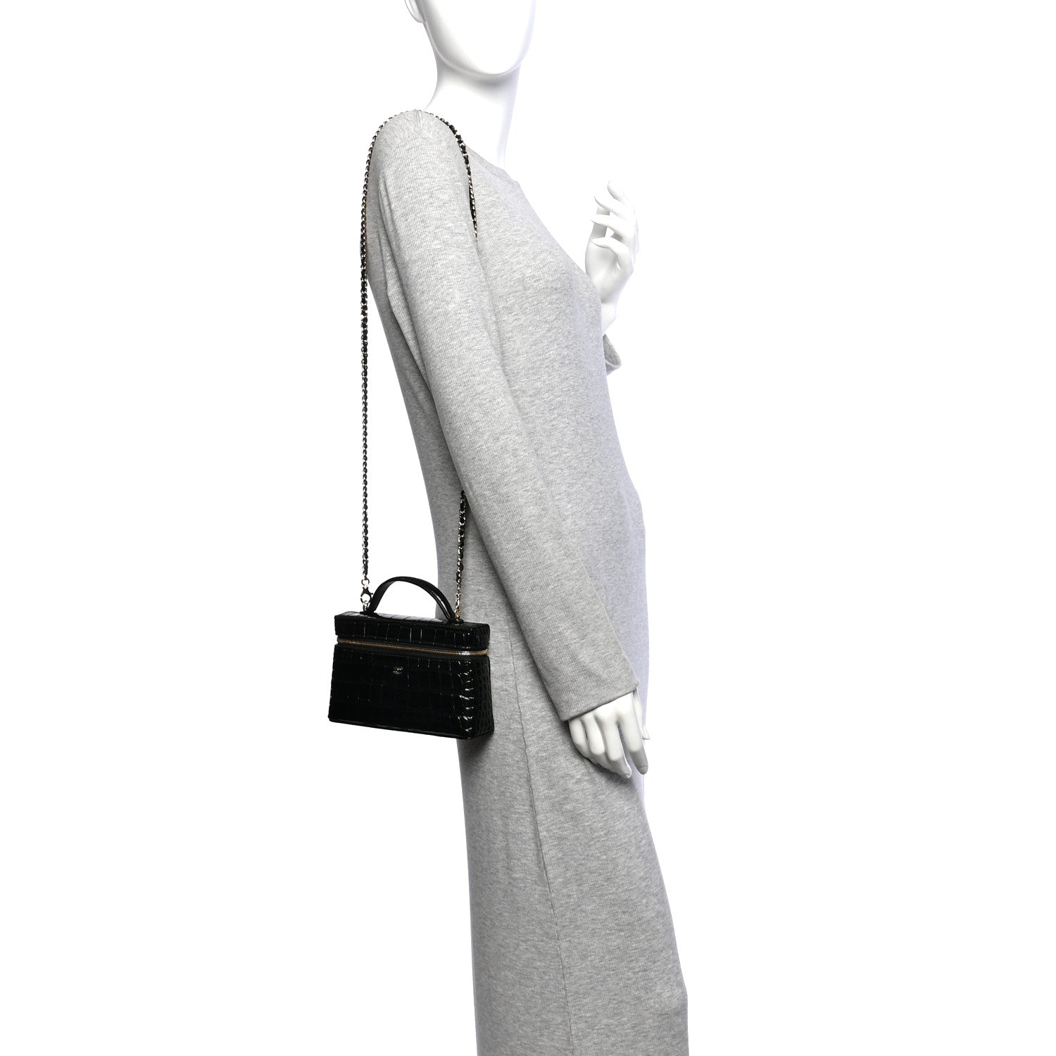 Chanel Calfskin Crocodile Embossed Crococo Top Handle Slim Vanity Case With Chain Black 2 of 11