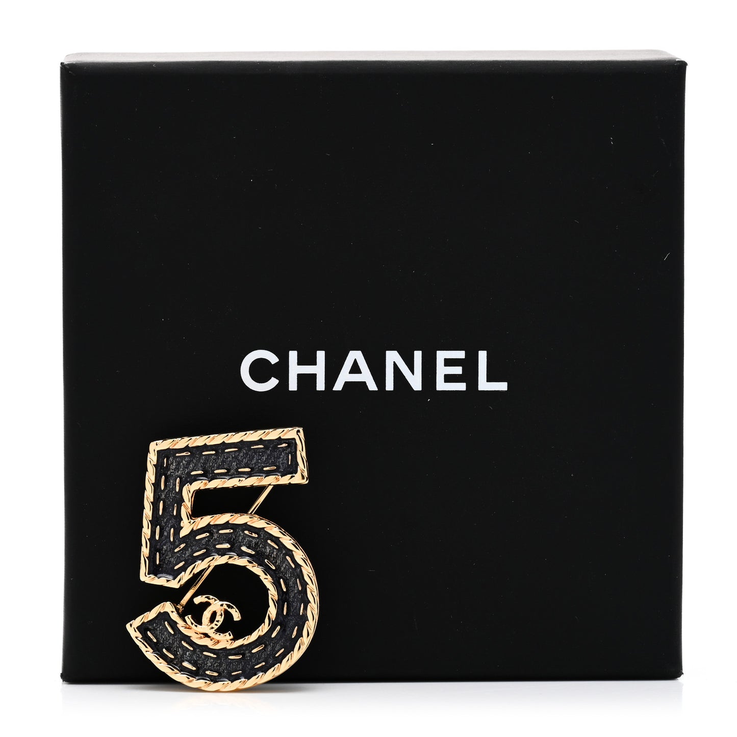 Metal Enamel CC No 5 Rope Brooch Gold Denim Blue