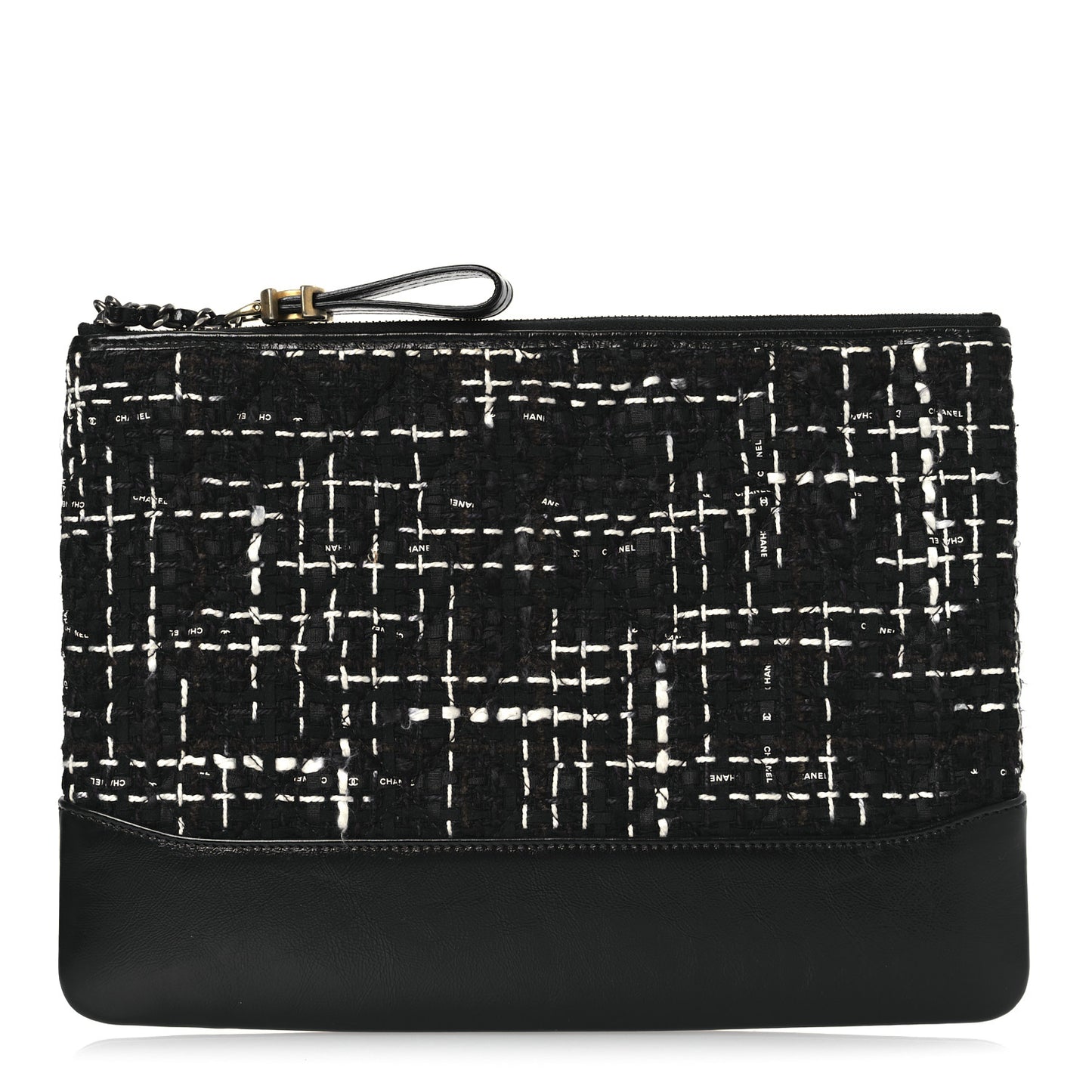 Tweed Calfskin Quilted Medium Cosmetic Pouch Black White