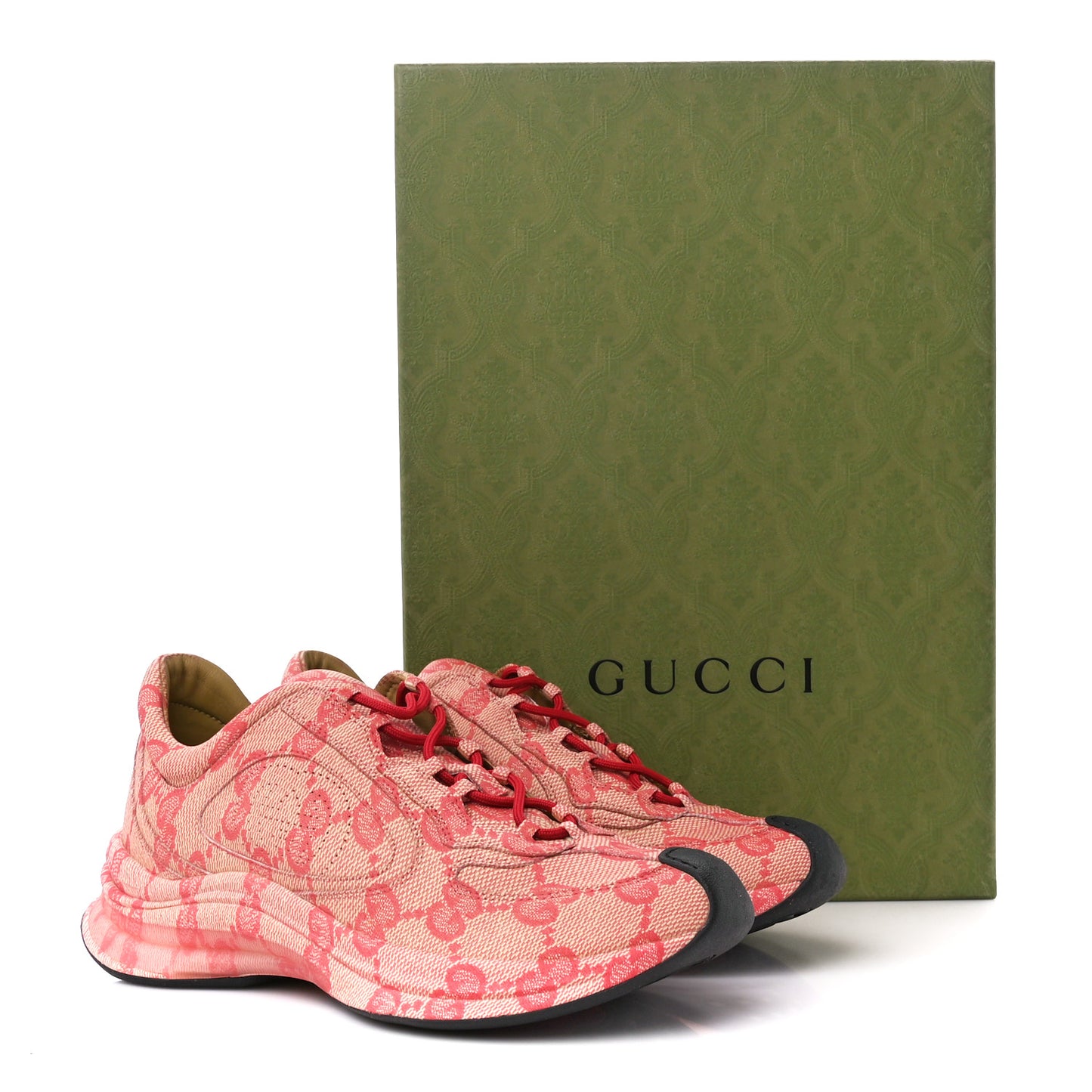 Ultralight Plume Calfskin Monogram Printed Mens Gucci Run Sneakers 8 Beige Hibiscus Red