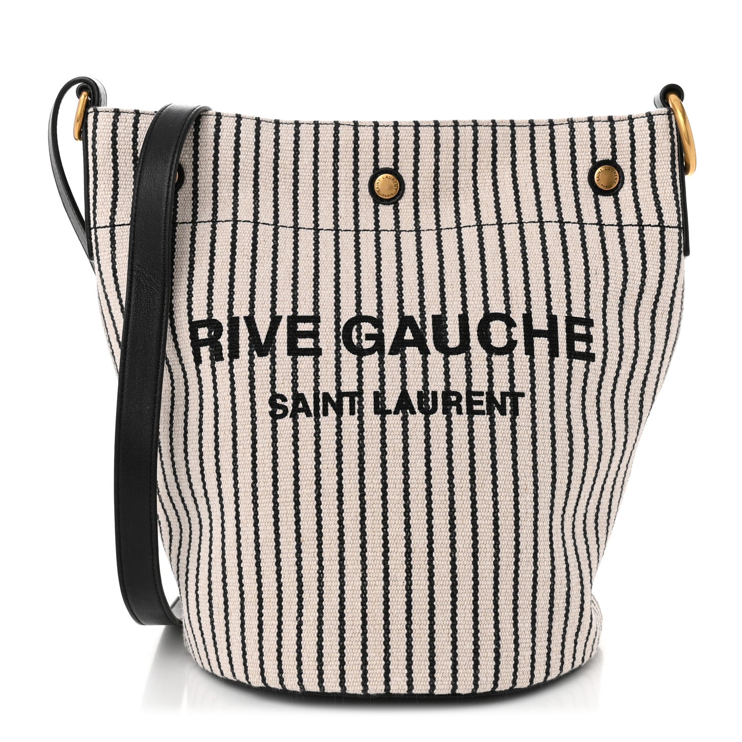 Linen Calfskin Striped Rive Gauche Bucket Bag Grey Cream Black
