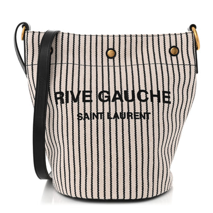 Saint Laurent Linen Calfskin Striped Rive Gauche Bucket Bag Grey Cream Black 1 of 11
