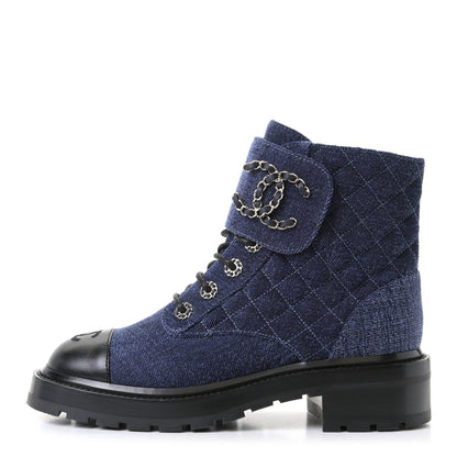 Chanel Denim Calfskin Quilted Lace Up Combat Boots 38 Blue 1 of 12