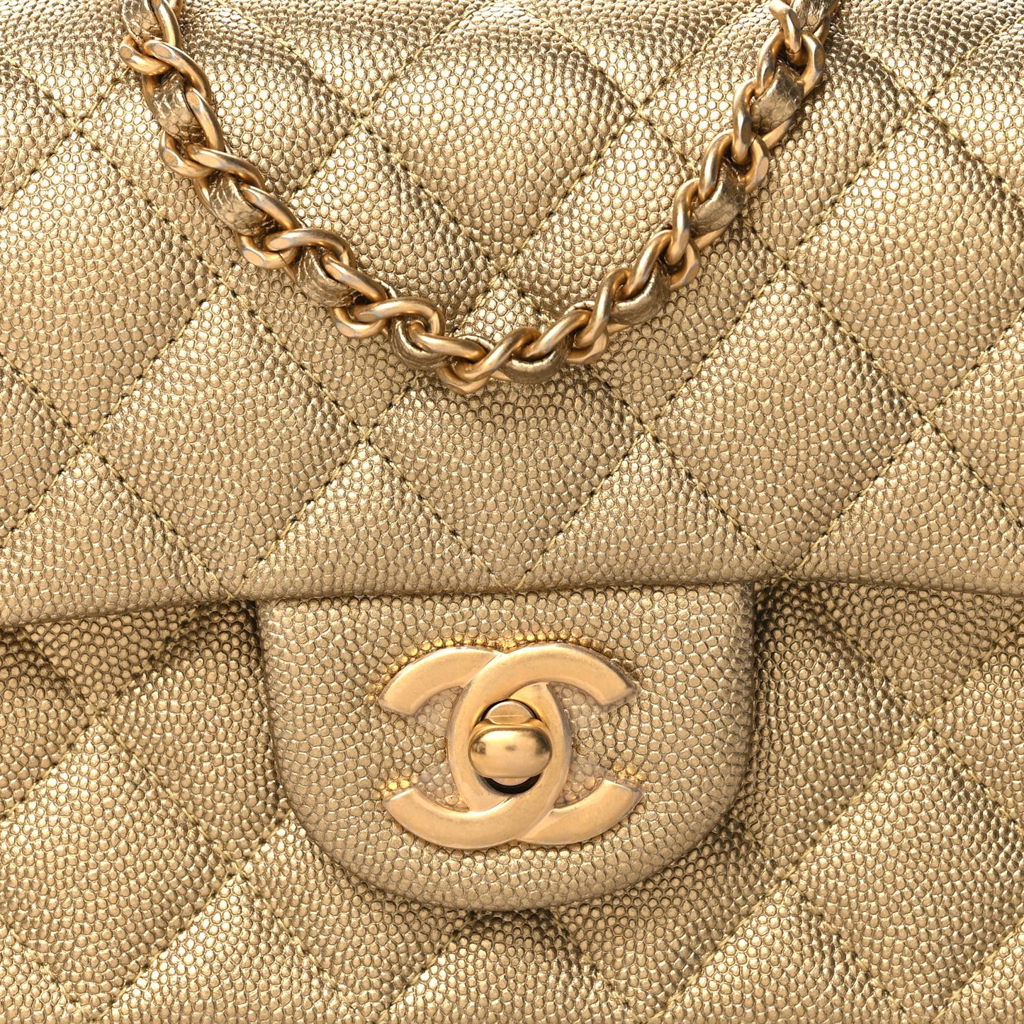 Metallic Caviar Quilted Mini Top Handle Rectangular Flap Gold