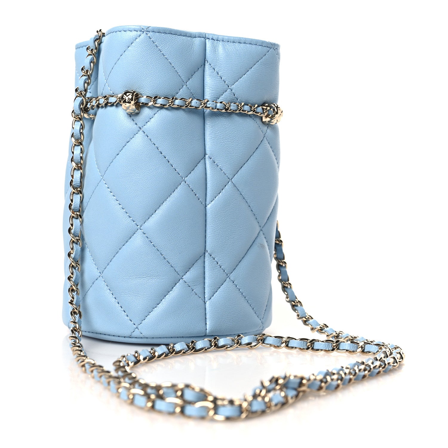Chanel Lambskin Quilted Mini Drawstring Bucket Bag With Chain Light Blue 5 of 11