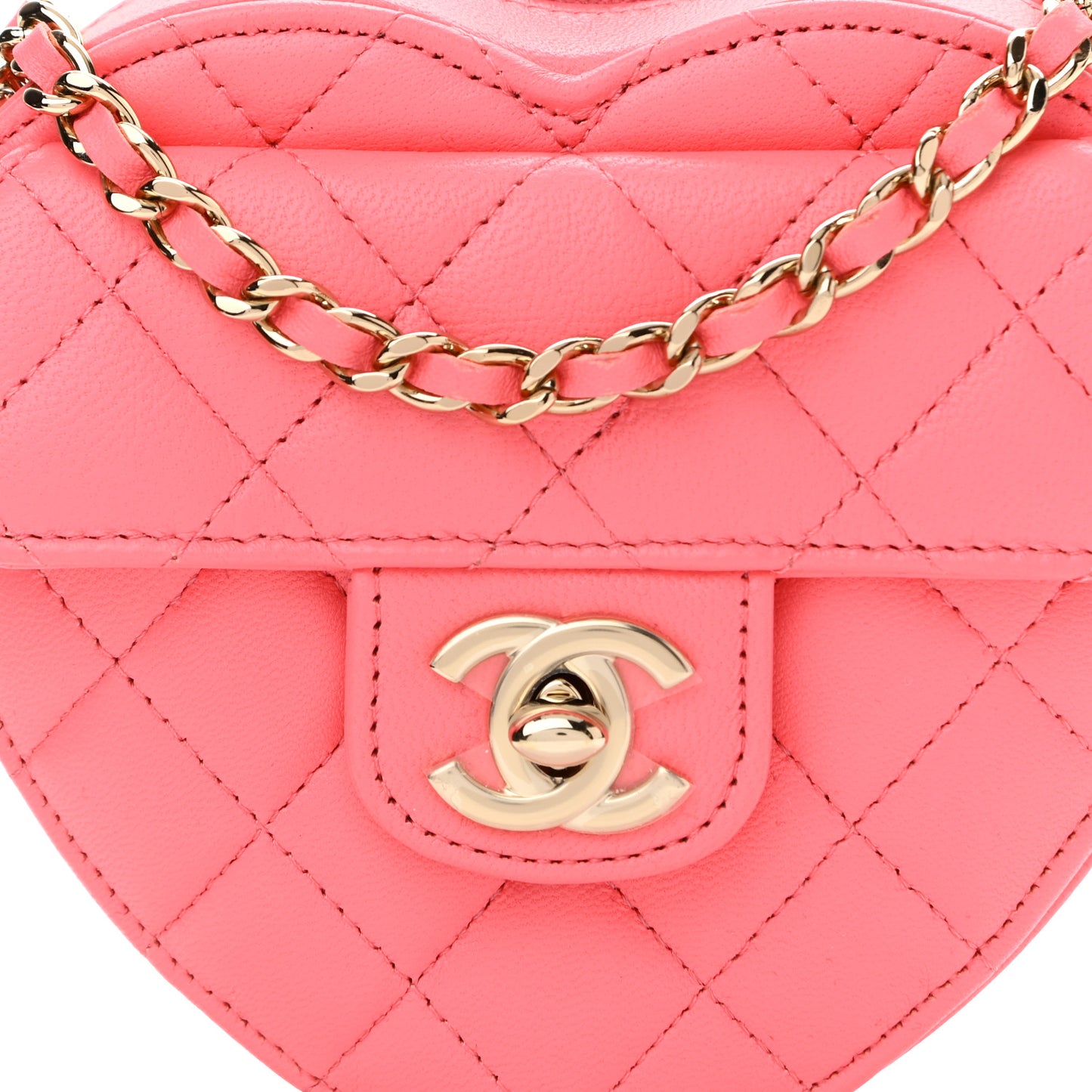 Lambskin Quilted CC In Love Heart Clutch With Chain Pink