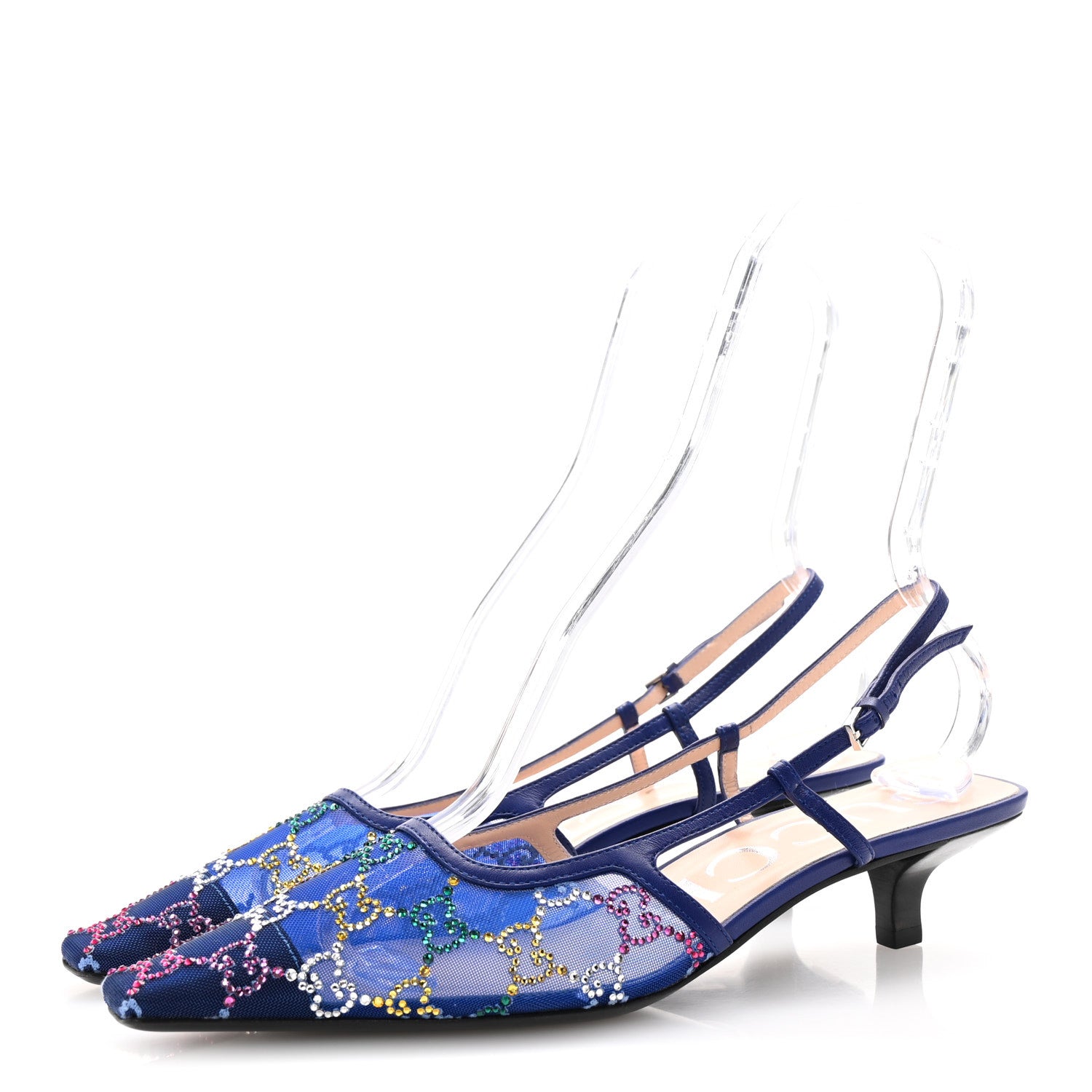 Gucci Tela Retino Nappa Charlotte Crystal GG Monogram Square G 35mm Slingback Pumps 39 Splash Net Blue Witch 4 of 9