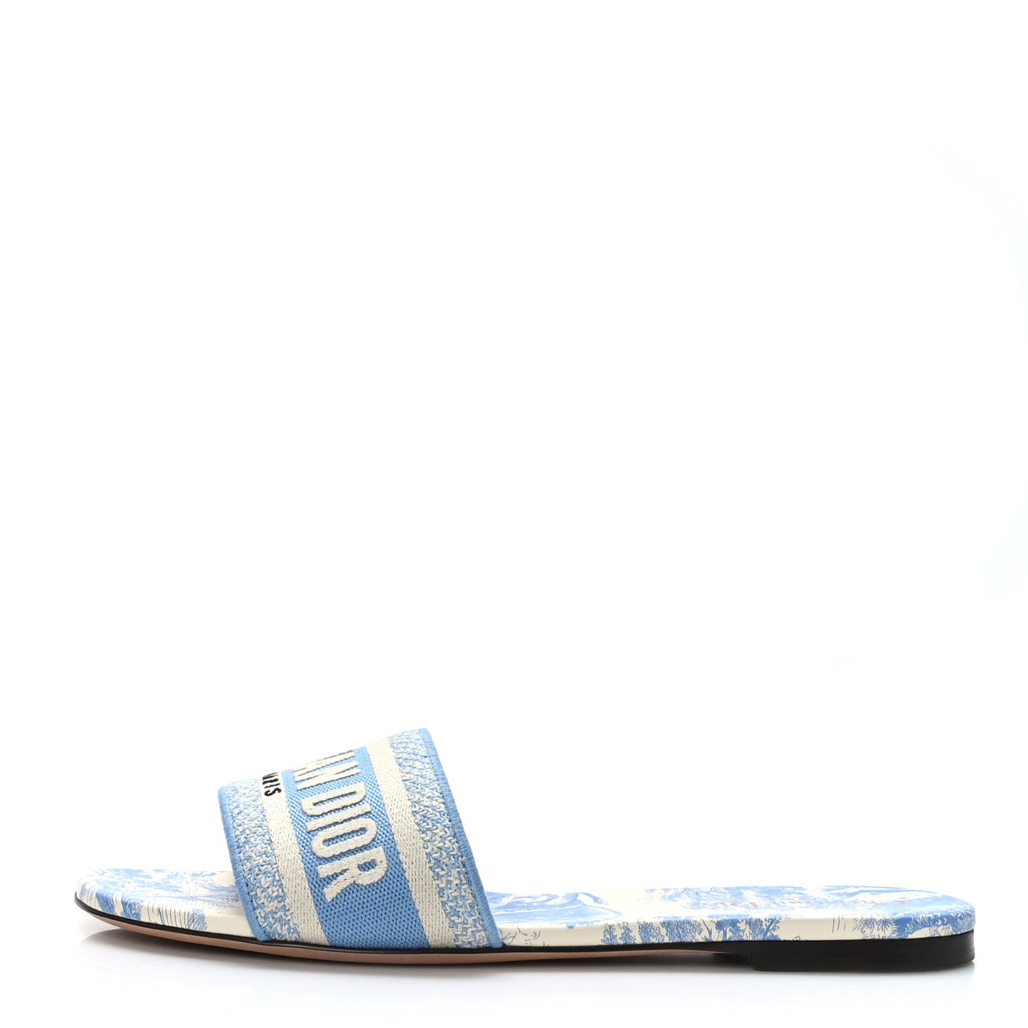 Canvas Toile De Jouy Embroidered Dway Flat Slide Sandals 40 Cornflower