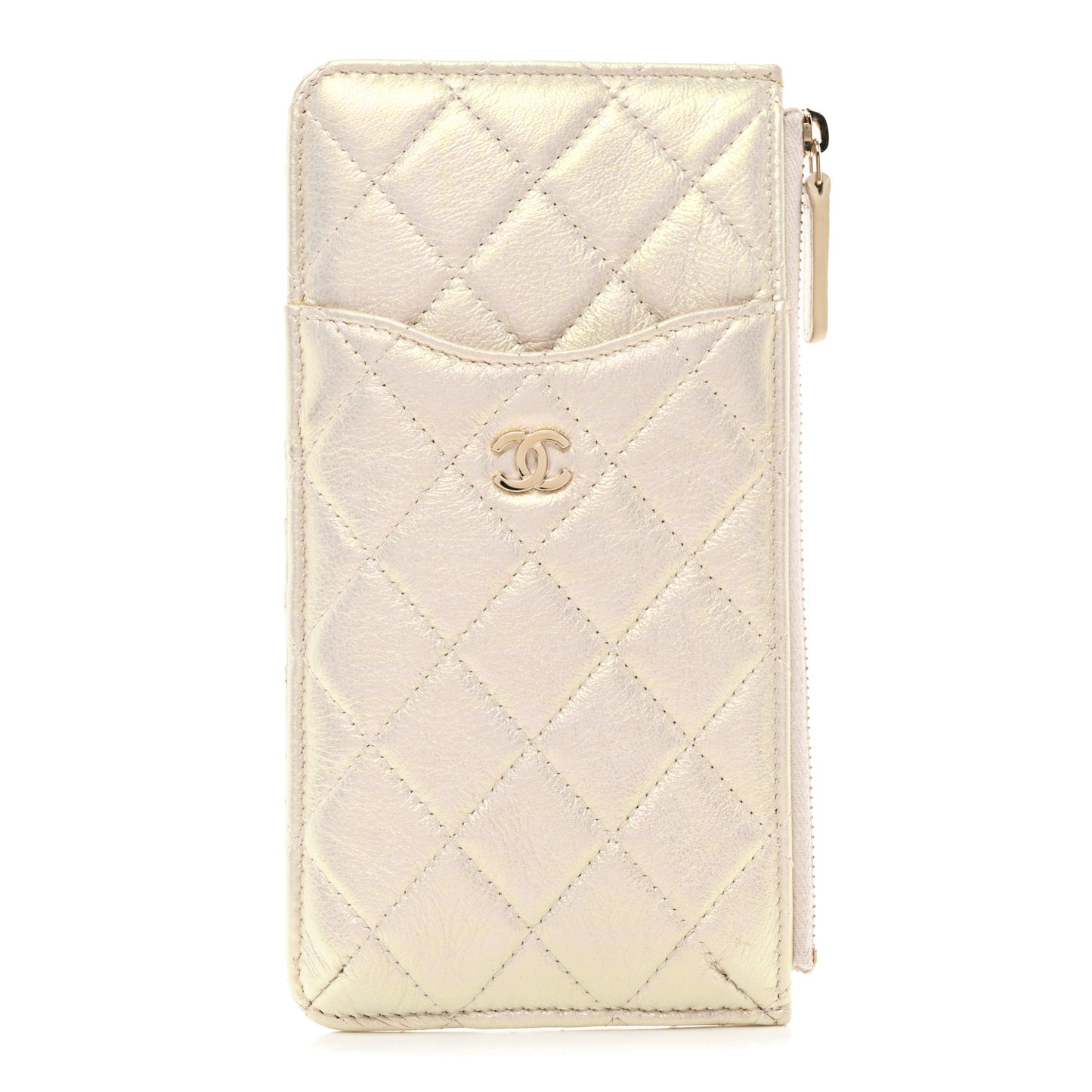 Iridescent Lambskin Quilted Classic Flat Wallet Pouch Ivory