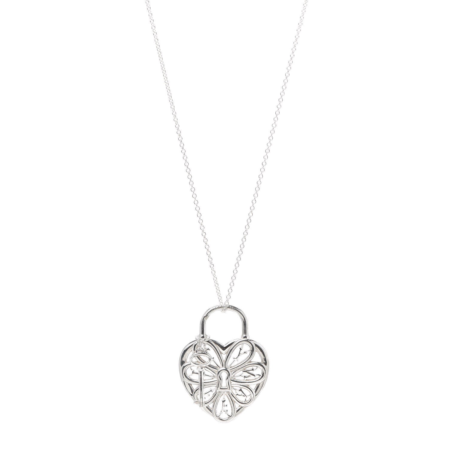 Tiffany Sterling Silver Filigree Heart Key Pendant Necklace 1 of 6