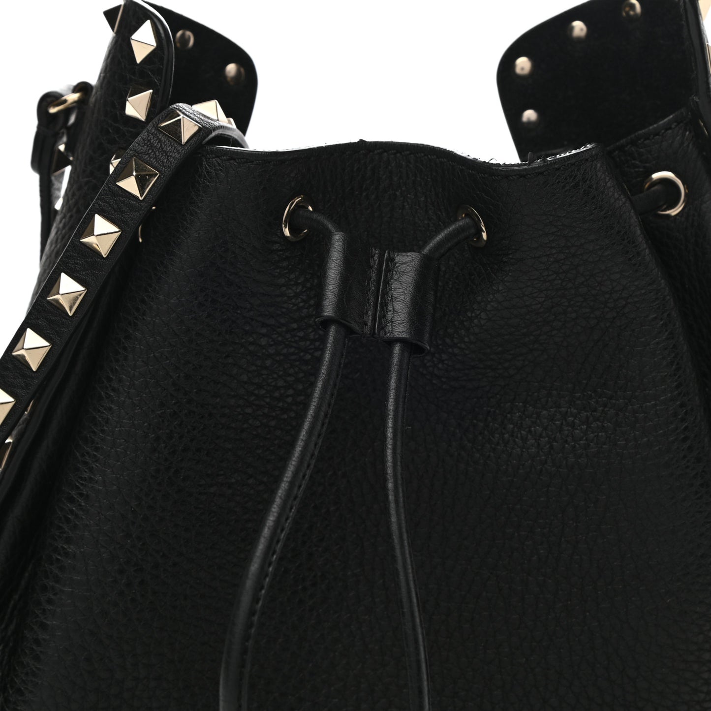 Grained Calfskin Rockstud Bucket Bag Black